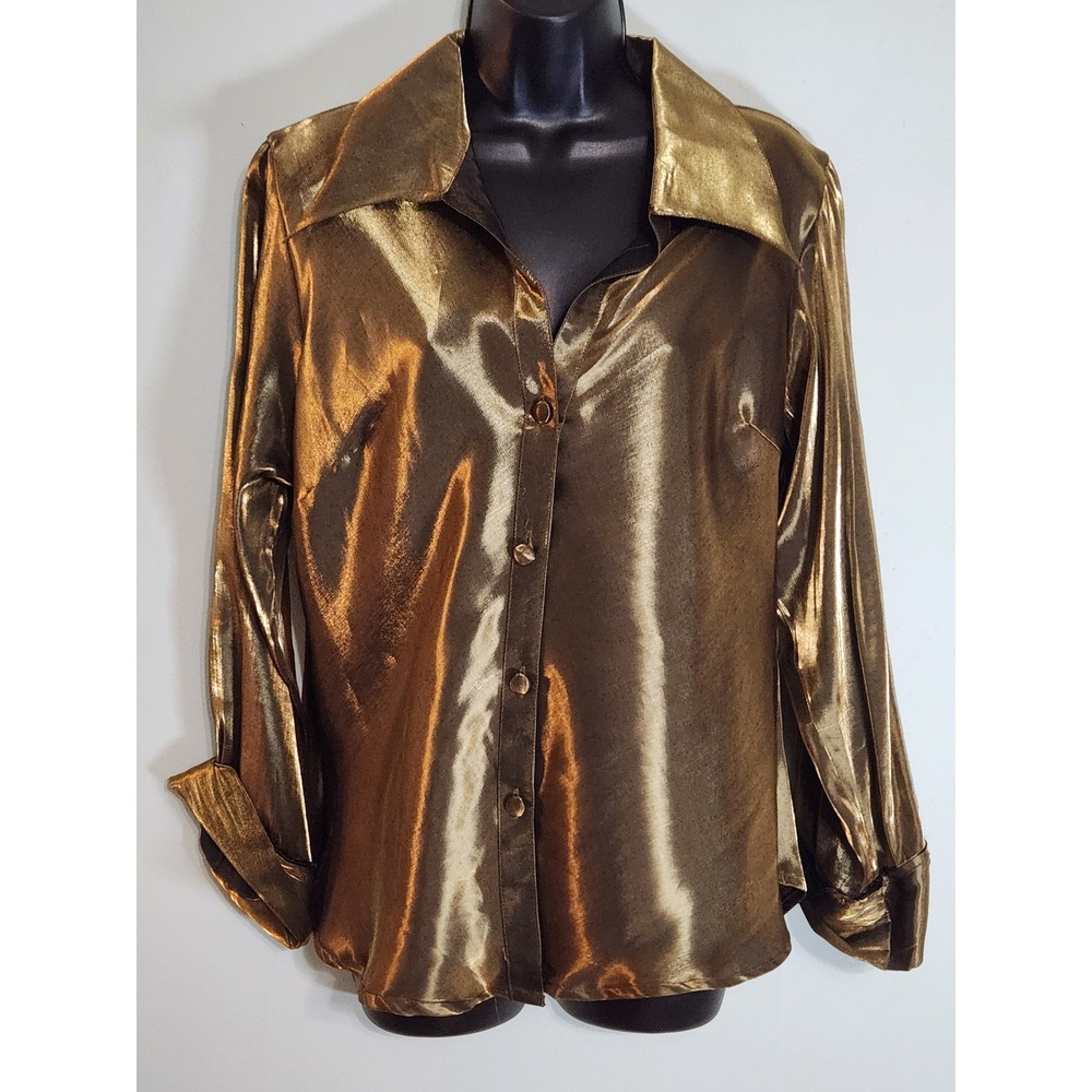 Vintage Cassee's Metallic Gold Button-Down Shirt Long Sleeve Size Large